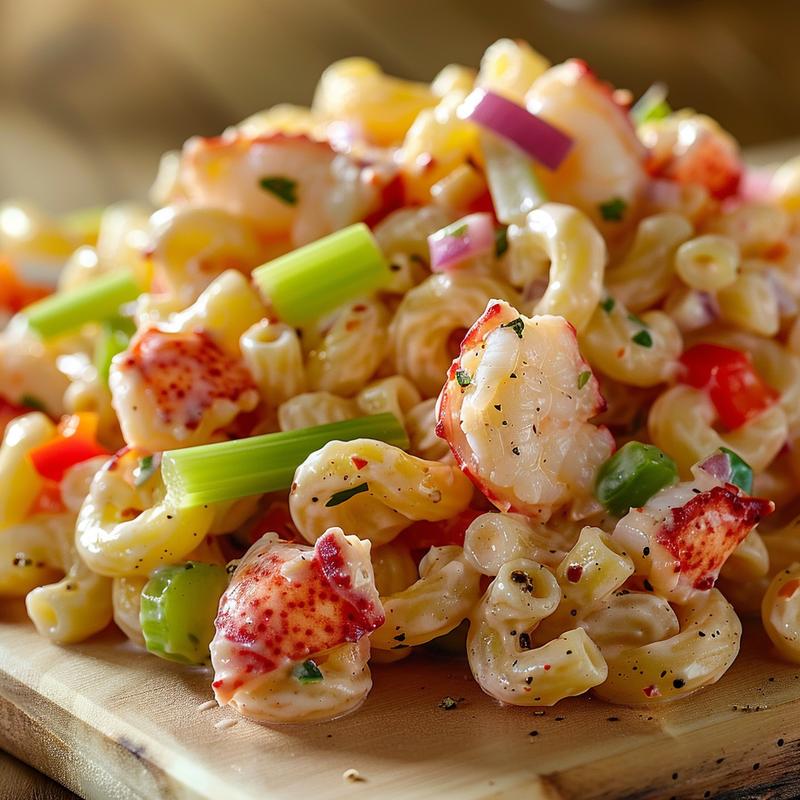 Close-up of creamy lobster pasta salad with visible lobster, celery, onion, and red pepper on a wooden board.