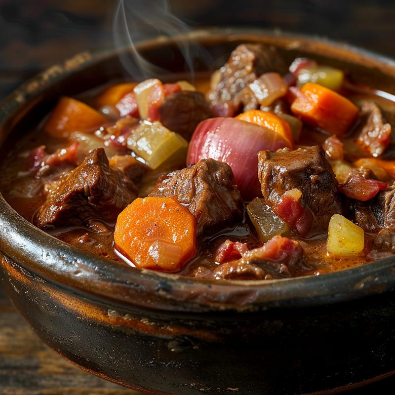 Close-up of beef stew with vegetables in a dark bowl.