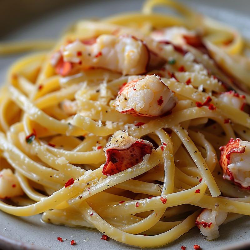 Close-up of lobster pasta on a light grey plate.