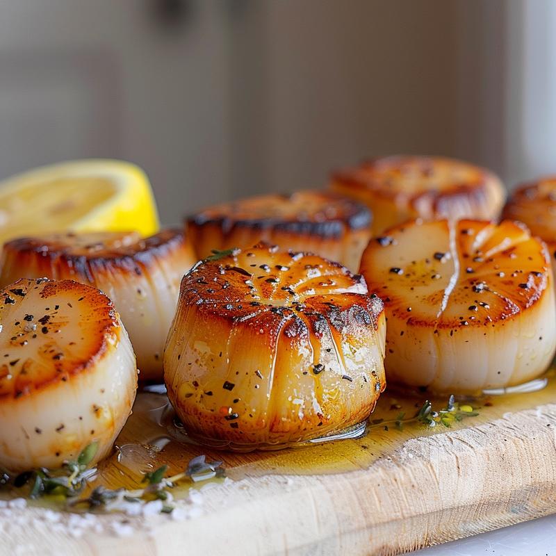 Close-up of seared scallops on a wooden board with visible butter and pepper.
