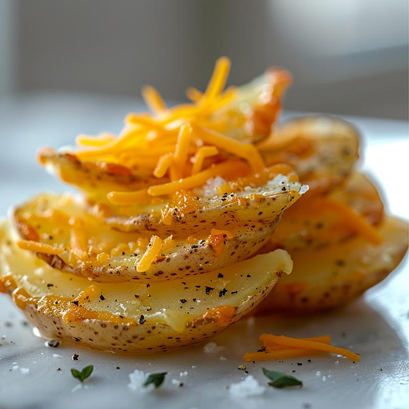 Close-up of potato skins with cheese on a marble surface.