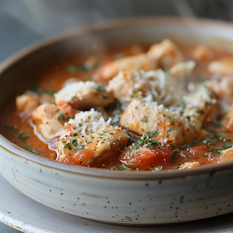 Close-up of chicken parmesan soup in a grey bowl, natural lighting.