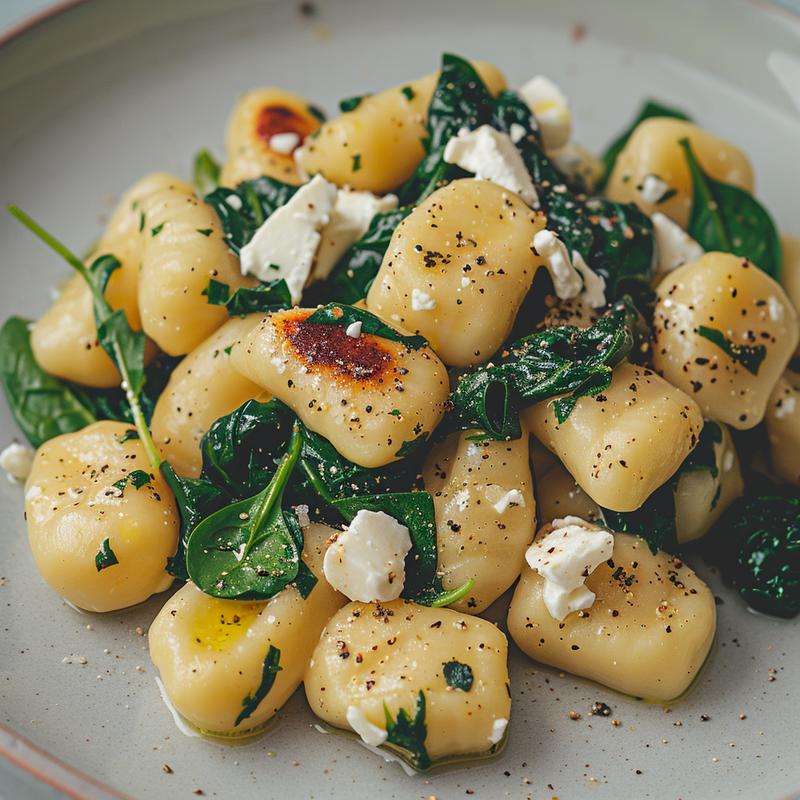 Close-up of creamy gnocchi with spinach and feta on a light grey plate.