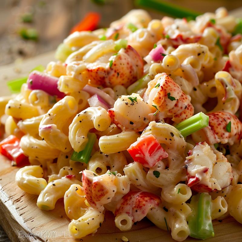 Close-up of creamy lobster pasta salad with visible lobster, celery, onion, and red pepper on a wooden board.