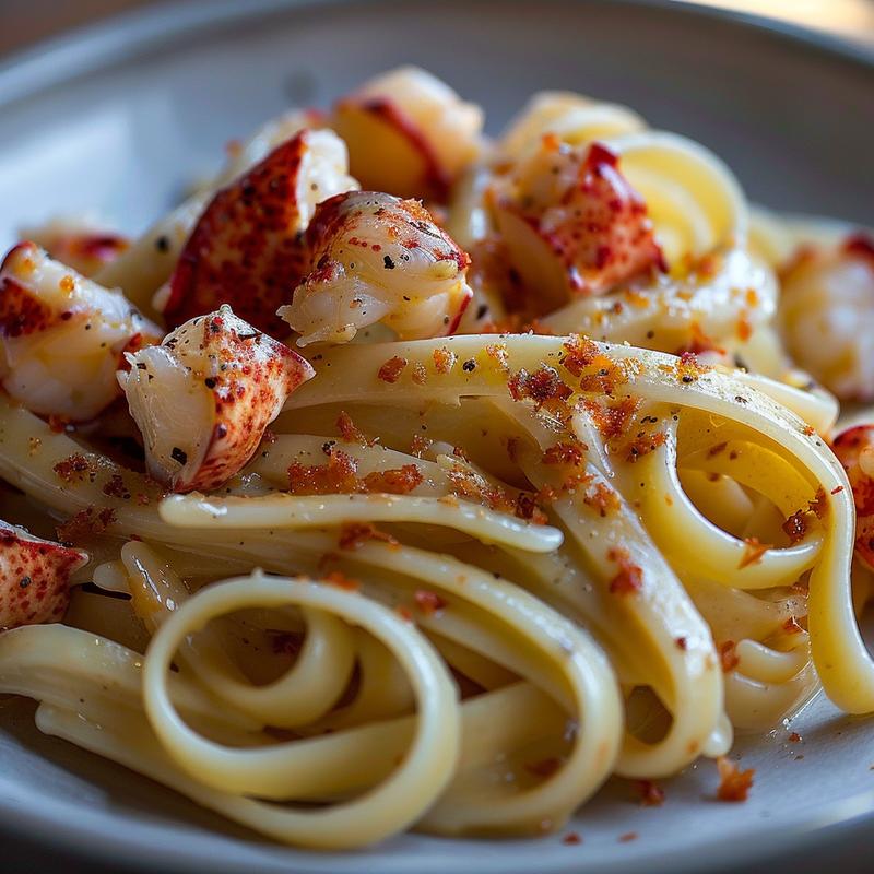 Close-up of lobster pasta on a light grey plate.