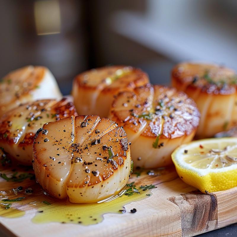 Close-up of seared scallops on a wooden board with visible butter and pepper.