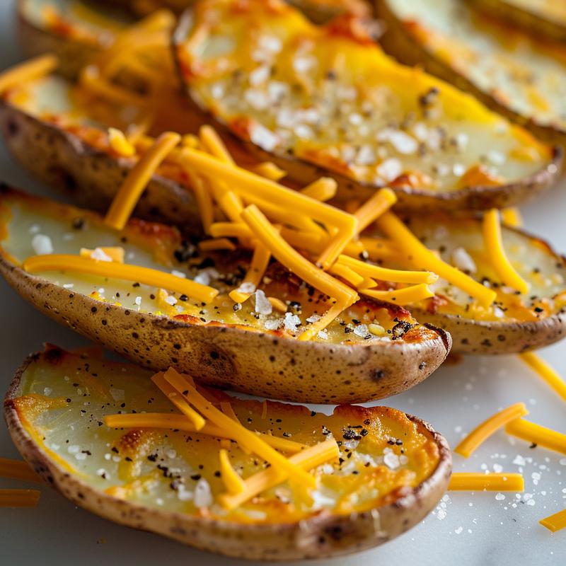 Close-up of potato skins with cheese on a marble surface.