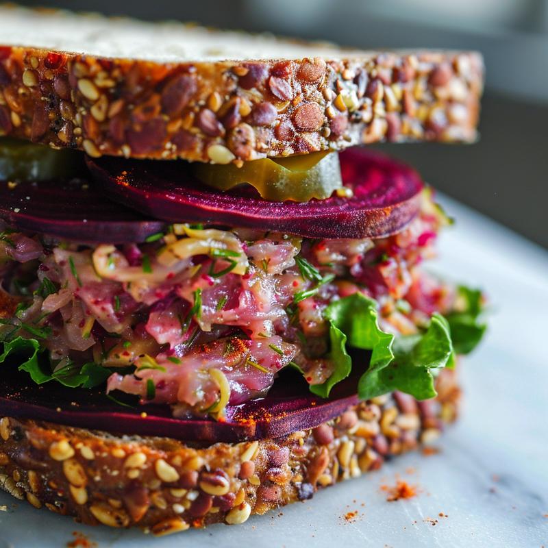 Close-up of a vegan Reuben sandwich with beet pastrami and dill cabbage.