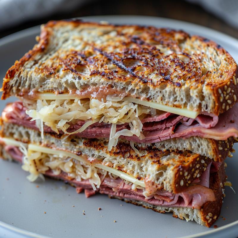 Close-up of a Reuben sandwich with visible layers of rye bread, corned beef, sauerkraut, Swiss cheese, and Russian dressing.