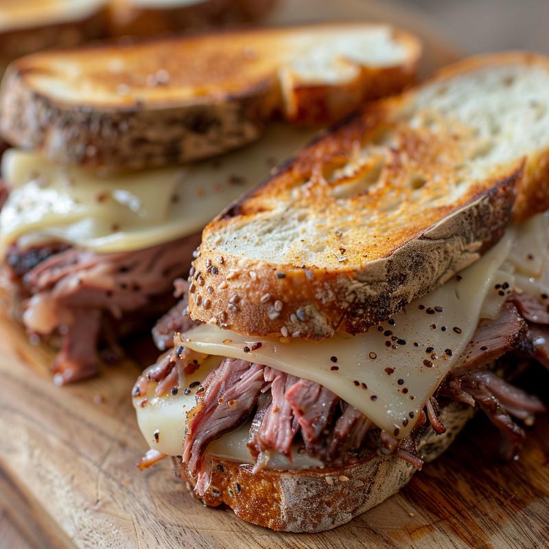 Close-up of stacked Reuben sandwich with visible corned beef, Swiss cheese, and rye bread on a wooden board.