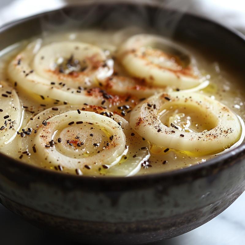 Close-up of Reuben soup with visible ingredients on a marble surface.