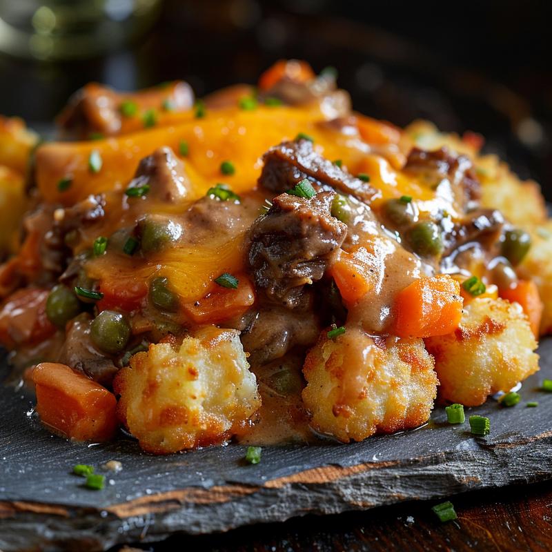 Close-up of corned beef casserole with tater tots and cheese on a slate plate.