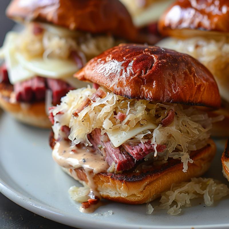 Close-up of Reuben sliders on a light grey plate.