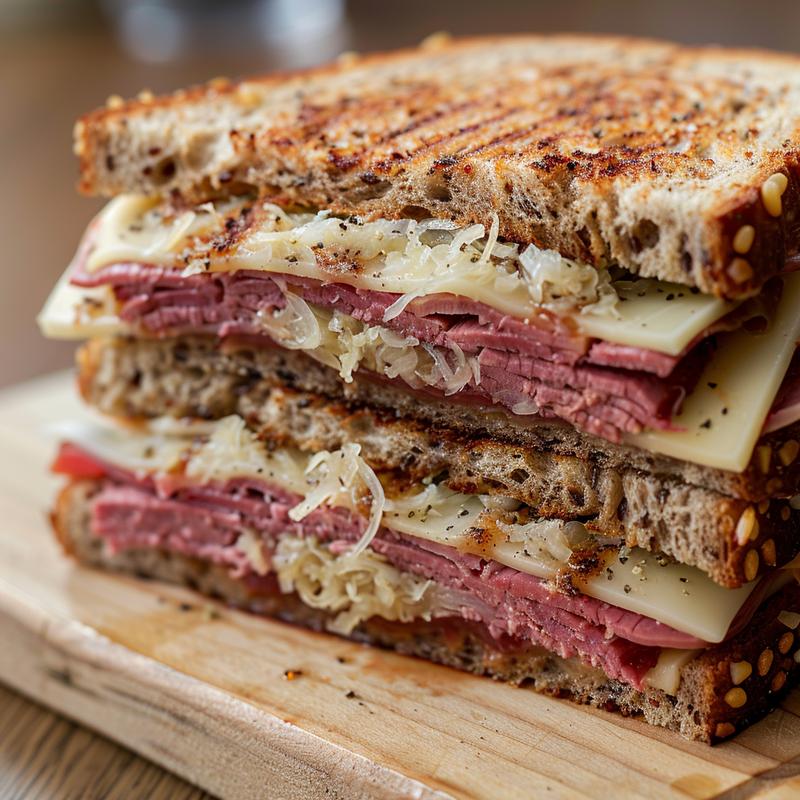 Close-up of a Reuben sandwich showing rye bread, corned beef, sauerkraut, Swiss cheese, and Thousand Island dressing.