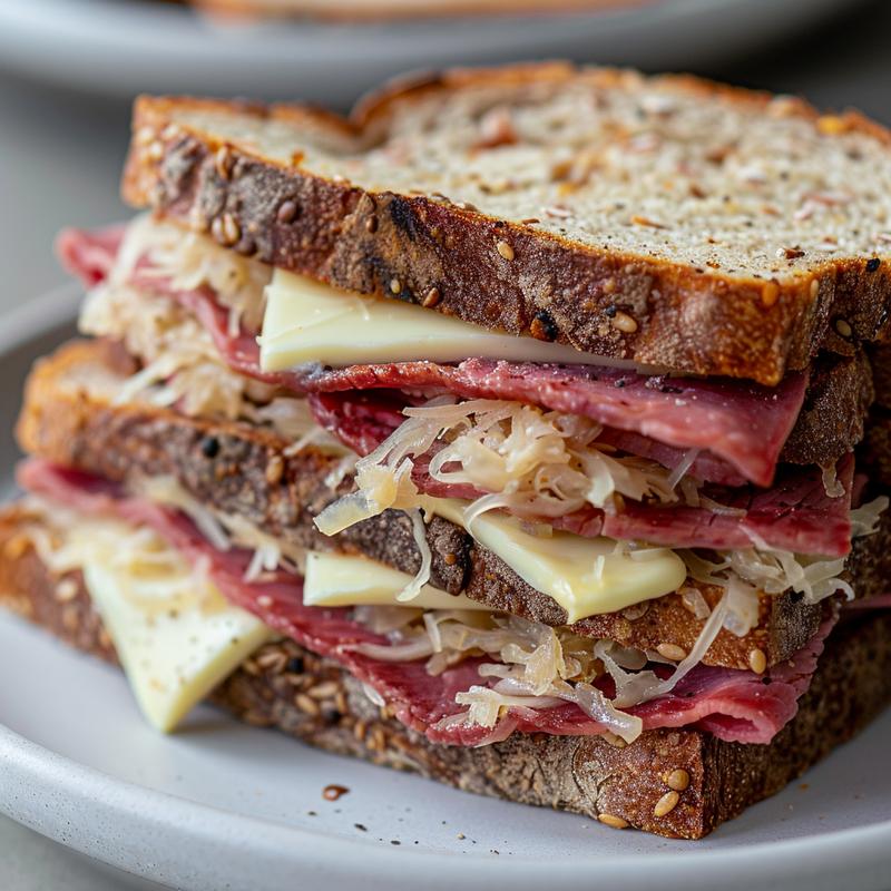 Close-up of a Reuben sandwich showing layers of rye bread, corned beef, sauerkraut, and dressing.