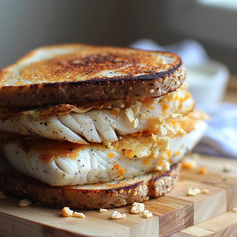 Close-up of a mahi reuben sandwich on a wooden board.