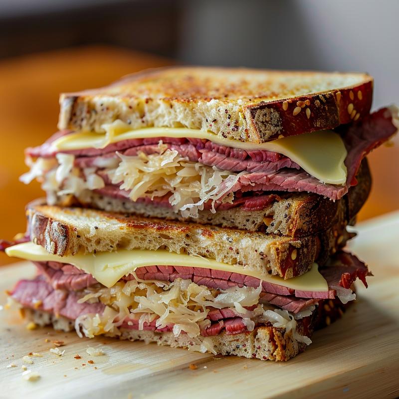 Close-up of a Reuben sandwich with visible layers of rye bread, corned beef, sauerkraut, and Thousand Island dressing on a wooden board.