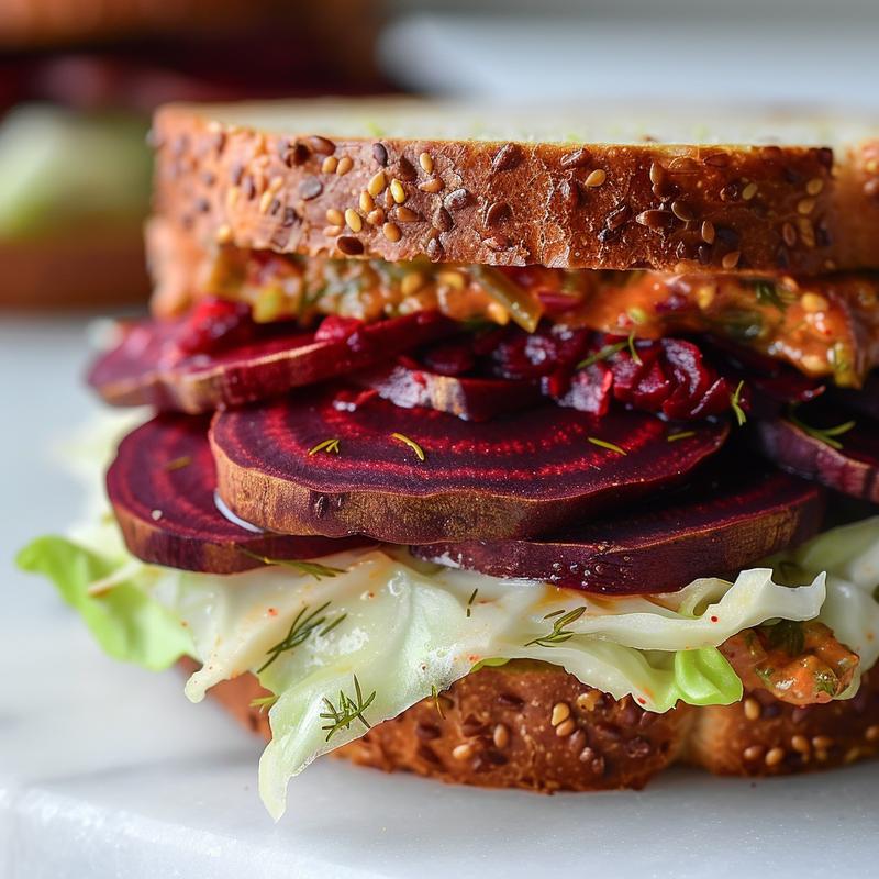 Close-up of a vegan Reuben sandwich with beet pastrami and dill cabbage.