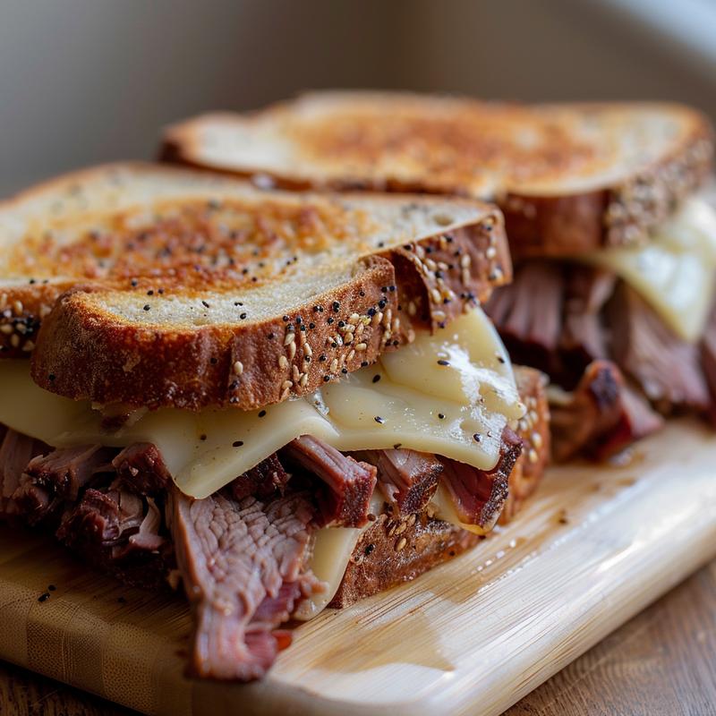 Close-up of stacked Reuben sandwich with visible corned beef, Swiss cheese, and rye bread on a wooden board.
