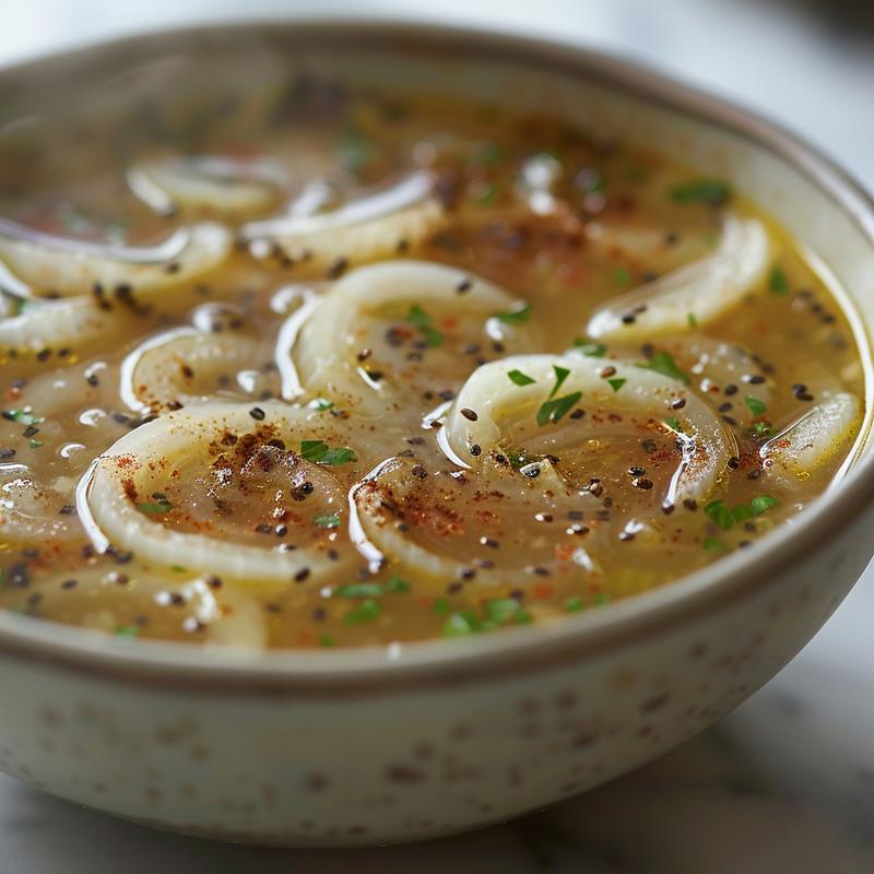 Close-up of Reuben soup with visible ingredients on a marble surface.