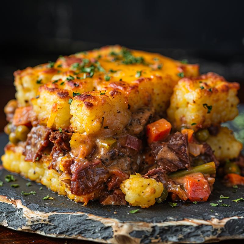 Close-up of corned beef casserole with tater tots and cheese on a slate plate.