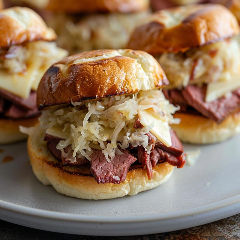 Close-up of Reuben sliders on a light grey plate.