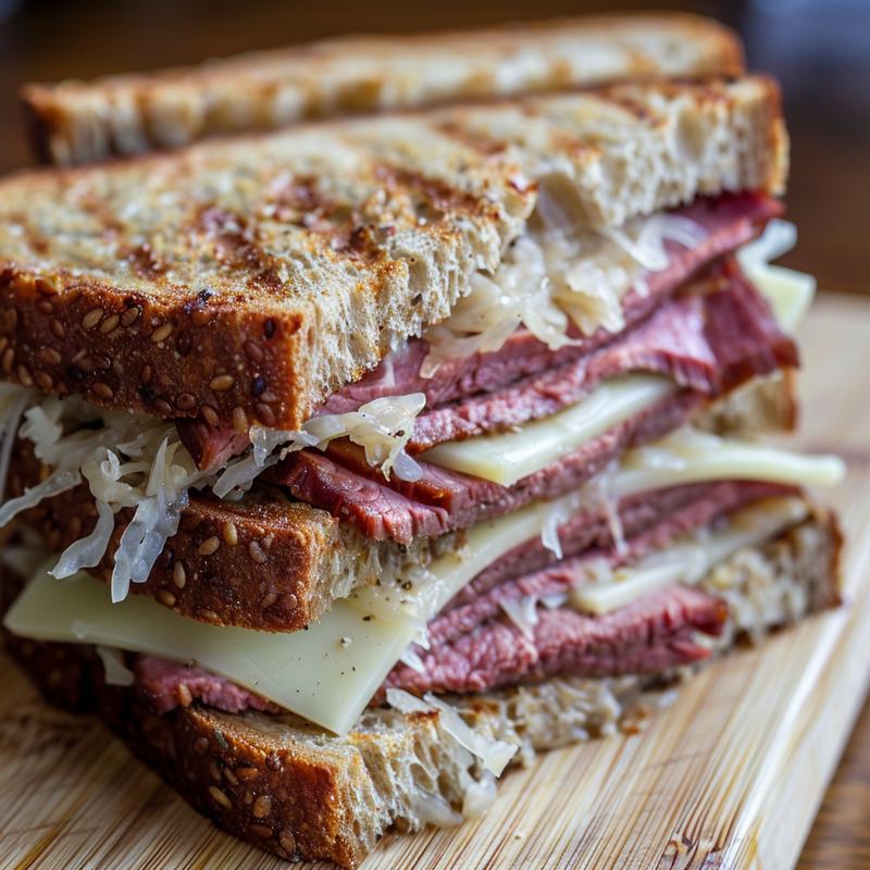 Close-up of a Reuben sandwich showing rye bread, corned beef, sauerkraut, Swiss cheese, and Thousand Island dressing.