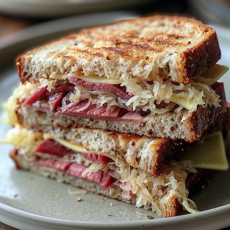 Close-up of a Reuben sandwich showing layers of rye bread, corned beef, sauerkraut, and dressing.