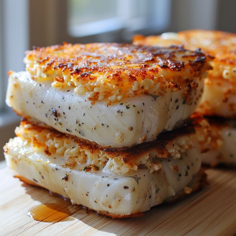 Close-up of a mahi reuben sandwich on a wooden board.