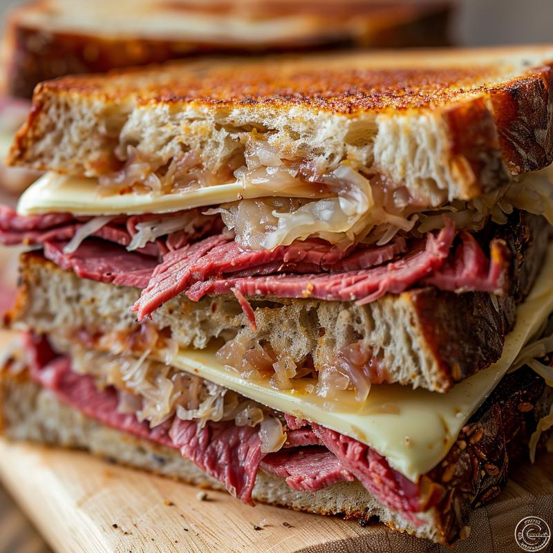 Close-up of a Reuben sandwich with visible layers of rye bread, corned beef, sauerkraut, and Thousand Island dressing on a wooden board.